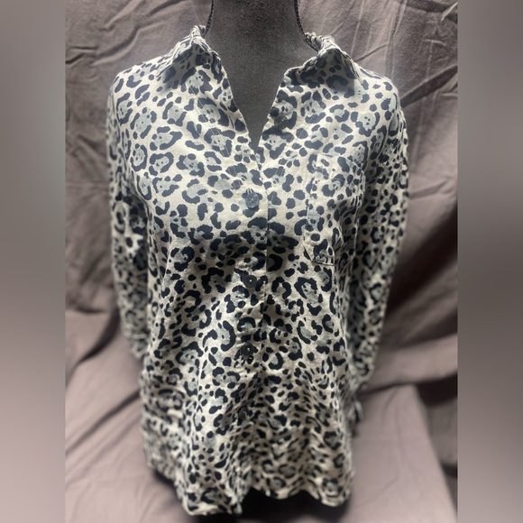 Jones New York Black White Animal Print Thick Linen Blend Button Down M - Picture 2 of 11
